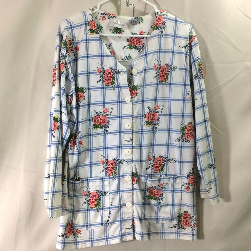 Ashley Hill Vintage 80s Floral Windowpane Button Front Top Size Small Taiwan